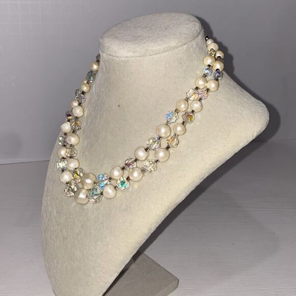 Vintage Signed Laguna Aurora Borealis Glass & Faux Pearl Bead 2 Strand Necklace - Picture 5 of 11